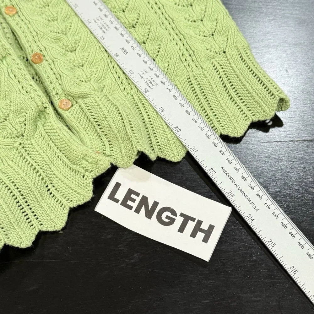 Y2K Cropped Apple Green Open Pointelle Knit Womens Cardigan Sweater Size Small